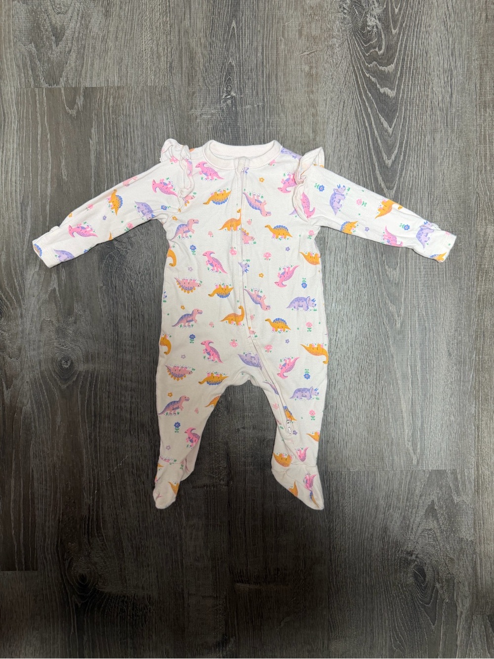 Old Navy White Footed One-Piece with Pink Purple and Orange Dinosaurs